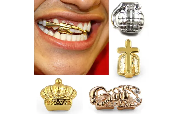 Gold Single Teeth Grillz Braces Punk Hip Hop Crown Cross Gun Dental Mouth Vampire Fang Grills Tooth Cap Cosplay Costume