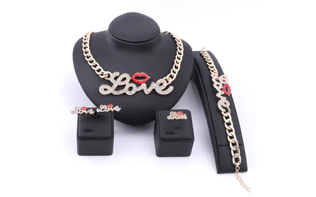 Hip Hop Rhinestone Lip Love Collar Necklace Bracelet Earring Ring With Gold Color Chain Jewelry Sets