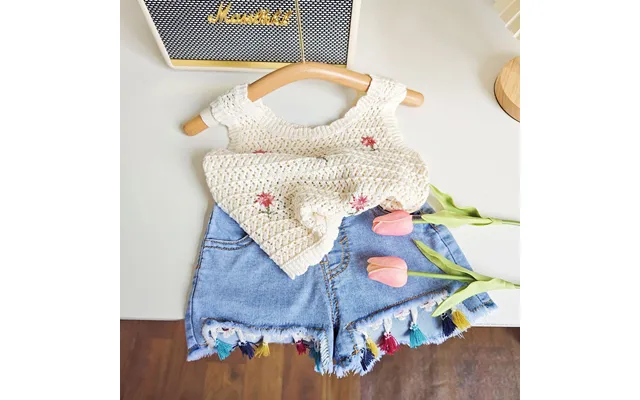 Kid's Clothing 2024 Summer Girls New Knitted Bow Vest Plus Stylish Love Denim Skirt