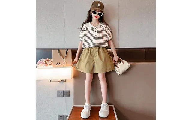 Korean Version 2024 New Children's Doll Neck Short Sleeve Fashionable Girls Summer Stripe Two Piece Set
