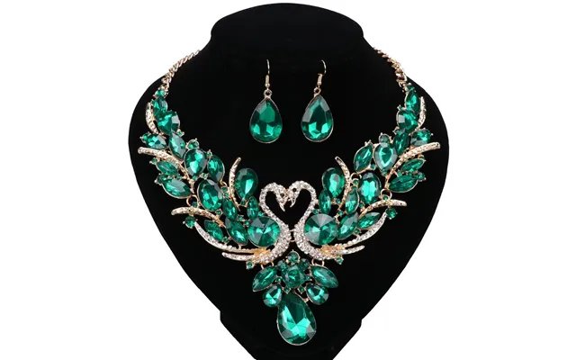 Luxury Gold Color Green Crystal New Double Swan Statement Necklace Earring For Women Party Wedding Jewelry Sets