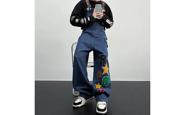 Man's Clothing Denim Overalls Men's One-piece Fashion Brand Casual Wash Embroidery Ruffle Handsome Loose Cargo Suspender