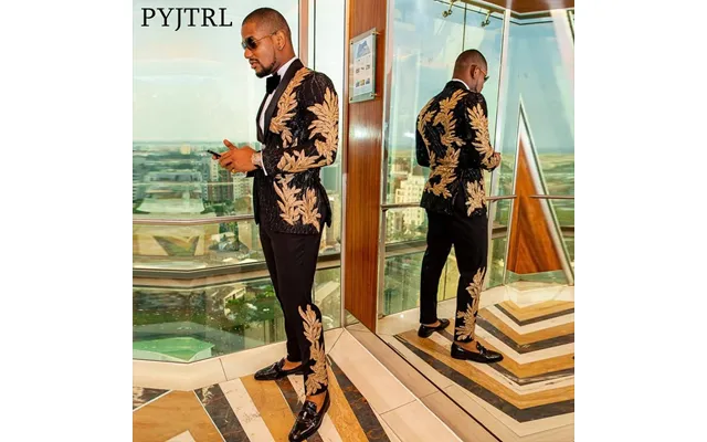 Men's Clothing Men's High-quality Gold Sequin Applique Suit Suit Casual Blazer Singer Performance Costume