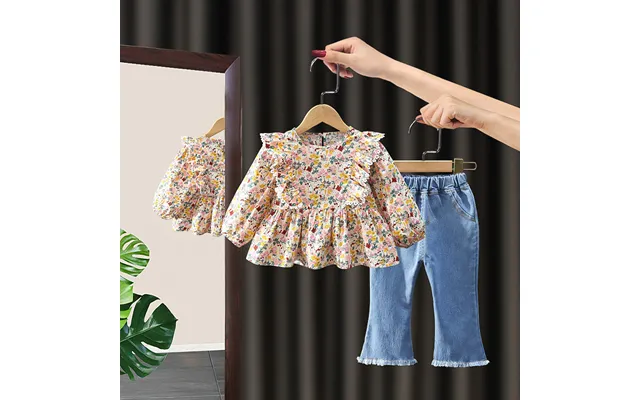 Mother&kids Girls Fashion Floral Doll Shirt Long Sleeve Top Lace Jeans Two Sets