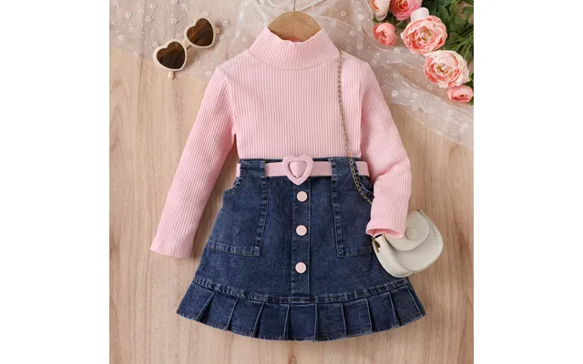 Mother&kids Girls Solid Color Vest Long Sleeve Shirt Denim Open Bag Pleats Skirt Suit