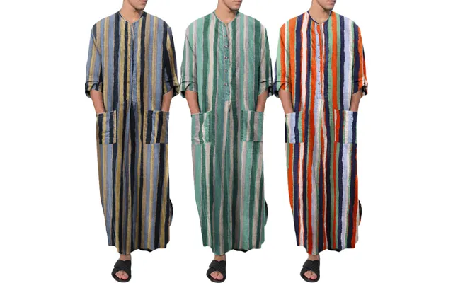 Muslim Robe New Style Arabic Men's Loose Door Stripe Long Sleeve Ready-stock Ethnic Style Middle Eastern Bodysuit