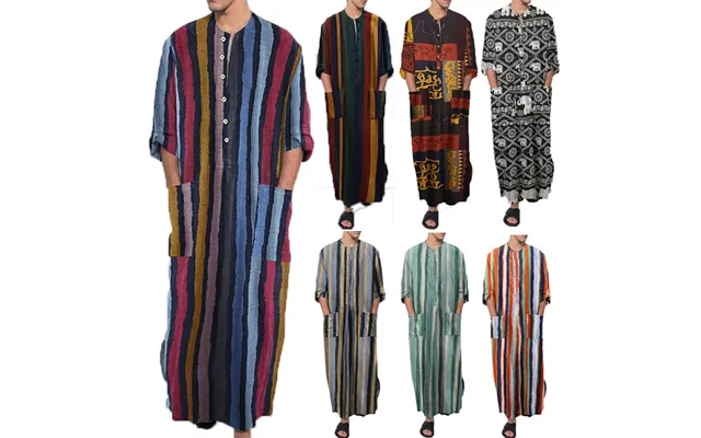 New Spring Summer Clothing Long Sleeved Jumpsuit Arabic Striped Printed Muslim Men's Robe