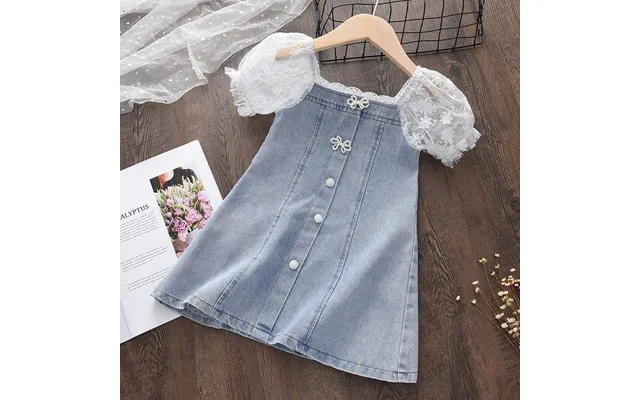 Toddler Girls Clothing Fashionable Dress Summer New Style Girl's Temperament Pearl Seersucker Sleeves Spliced Soft Denim