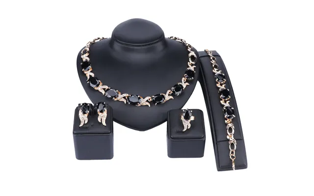 Trendy Gold Color Black Crystal African Beads Necklace Bracelet Earring Ring Set Women Party Bridal Decoration