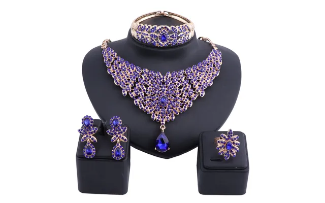 Women Statement Necklace Earrings Bangle Ring Set Crystal Rhinestones Luxury Bride Wedding Jewelry Sets