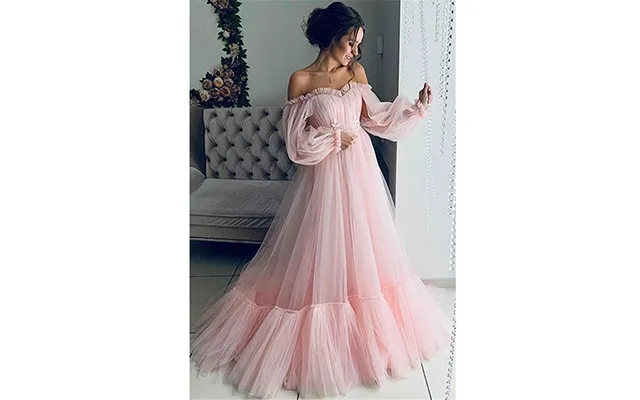 Women's 2023 Off-the-shoulder Mesh Long Sleeve Wedding Dress Large Hem Dress Bridal Wear