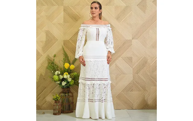 Women's Lace Dress Line Shoulder Lotus Wedding Gown Evening Gown Banquet Dress