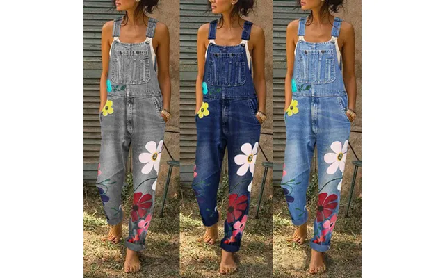 Women's Spring And Autumn Bib Pants Popular Printed Cut And Torn Denim Trousers