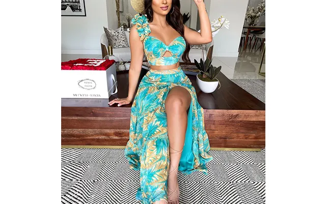 Women's Summer New Printed One-shoulder Sleeve Two-piece Sexy Skirt Suits