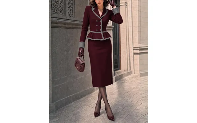 Elegant Double-faced Tweed Peplum Blazer & Pencil Skirt Set - Wine Red M
