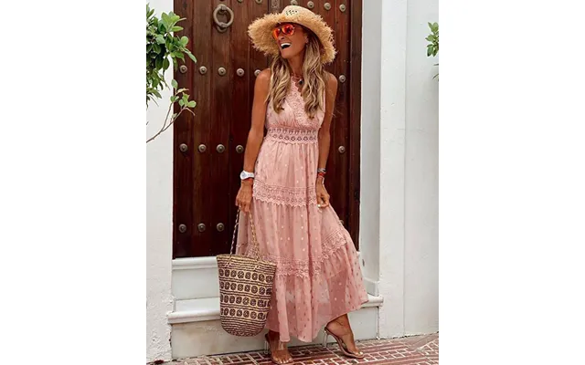 Lace Deep V Wedding Bridal Dress Banquet Evening Party Maxi Dress White Dress - Pink L 8-10