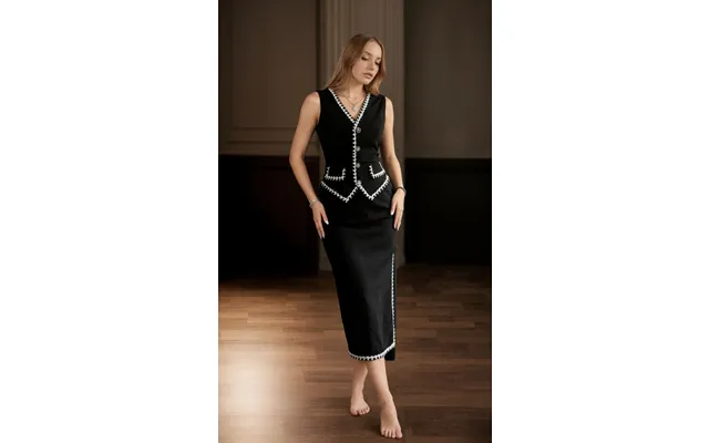 Luxury Contrast Trim Vest Bodycon Skirt Suit - Black