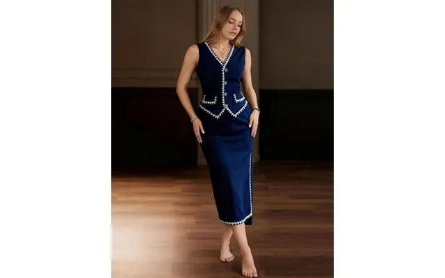 Luxury Contrast Trim Vest Bodycon Skirt Suit - Blue Xl