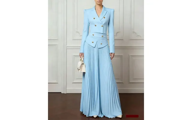 Urban Elegant Cropped Blazer And Pleated Skirt Set - Blue