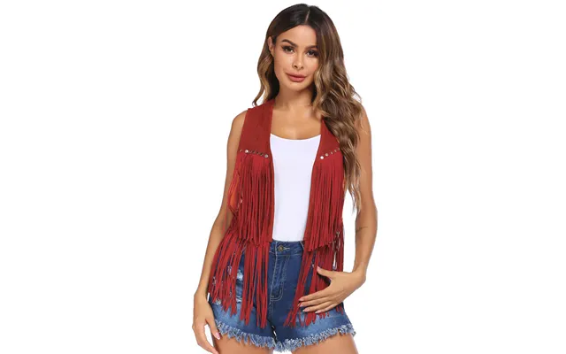 Zeagoo Fringe Vest 70s Cowgirl Costume Faux Suede Rave - Red 3xl 16