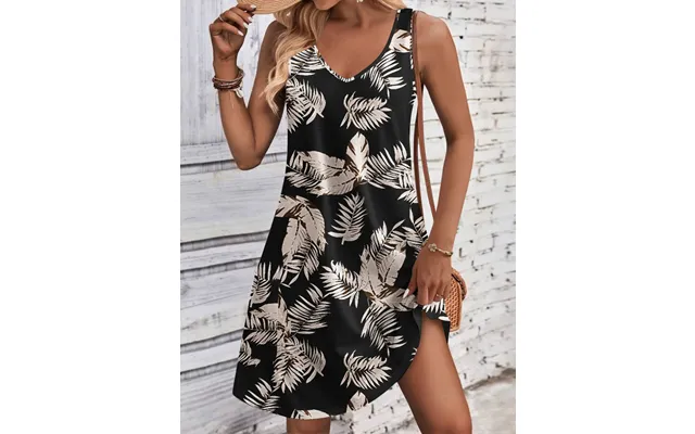 Zeagoo Loose V Neck Sleeveless Sundresses Swimsuit Coverup - Black-leaf Printed