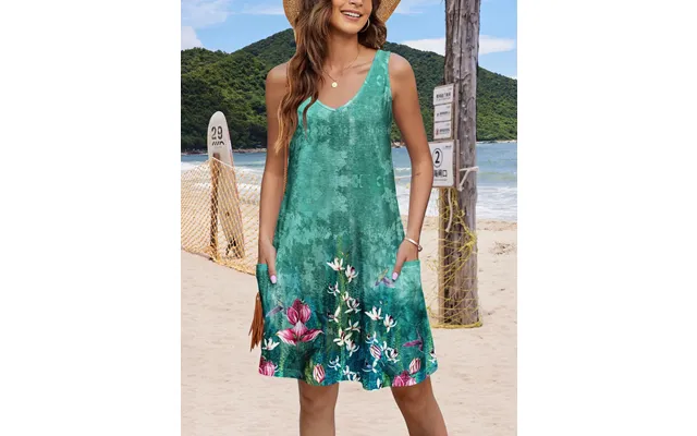 Zeagoo Loose V Neck Sleeveless Sundresses Swimsuit Coverup - Green Floral-printed Xl