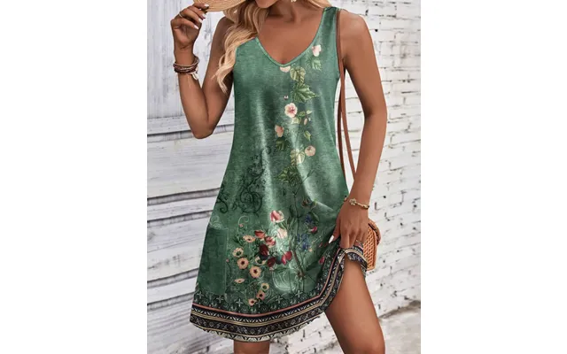 Zeagoo Loose V Neck Sleeveless Sundresses Swimsuit Coverup - Green-printed Xl