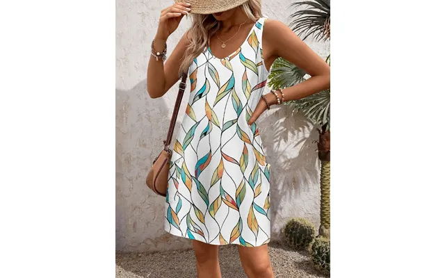 Zeagoo Loose V Neck Sleeveless Sundresses Swimsuit Coverup - White Leaf-printed S