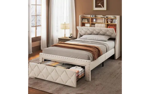 Heavy Duty Full Size Bed Frame With Storage And Upholstered Headboard - Beige