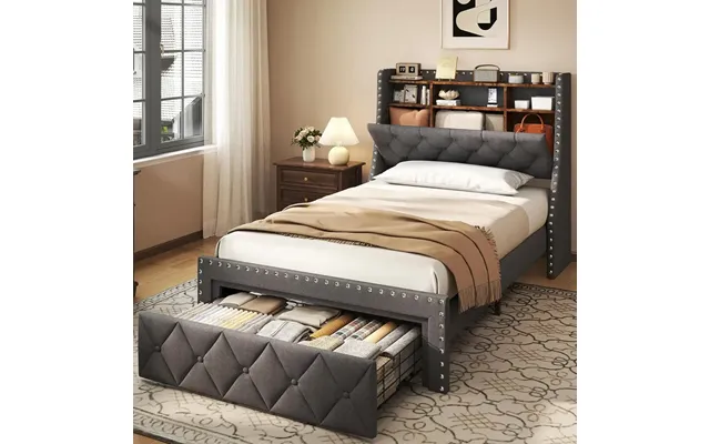 Heavy Duty Full Size Bed Frame With Storage And Upholstered Headboard - Gray