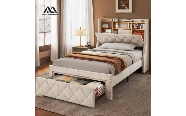 Heavy Duty Queen Size Bed Frame With Storage And Upholstered Headboard - Beige