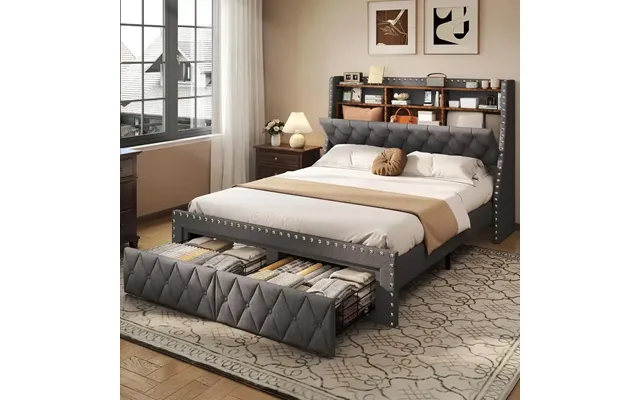 Heavy Duty Queen Size Bed Frame With Storage And Upholstered Headboard - Gray