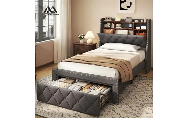 Heavy Duty Twin Size Bed Frame With Storage And Upholstered Headboard - Gray
